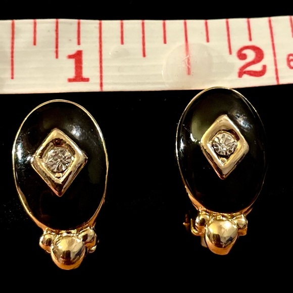 Black enamel and rhinestone earrings​ - Picture 2 of 5
